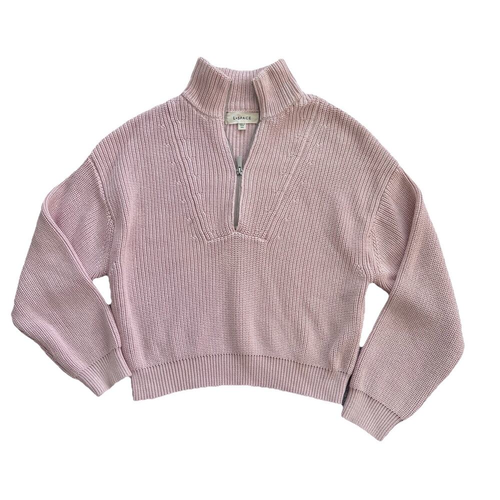 L*Space Pale Pink Mock Neck Chunky Knit 1/4 Zip Sweater Sz S Cotton Blend